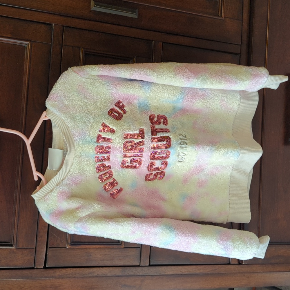 Girl scouts tie-dye sequin fuzzy sweatshirt